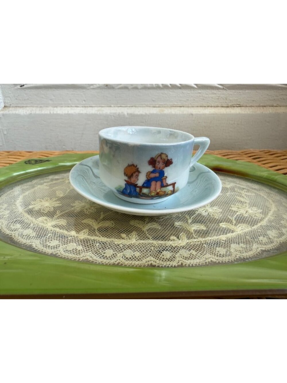 Antique 20's Beyer & Bock German Blue Luster Porcelain Childs Teacup saucer